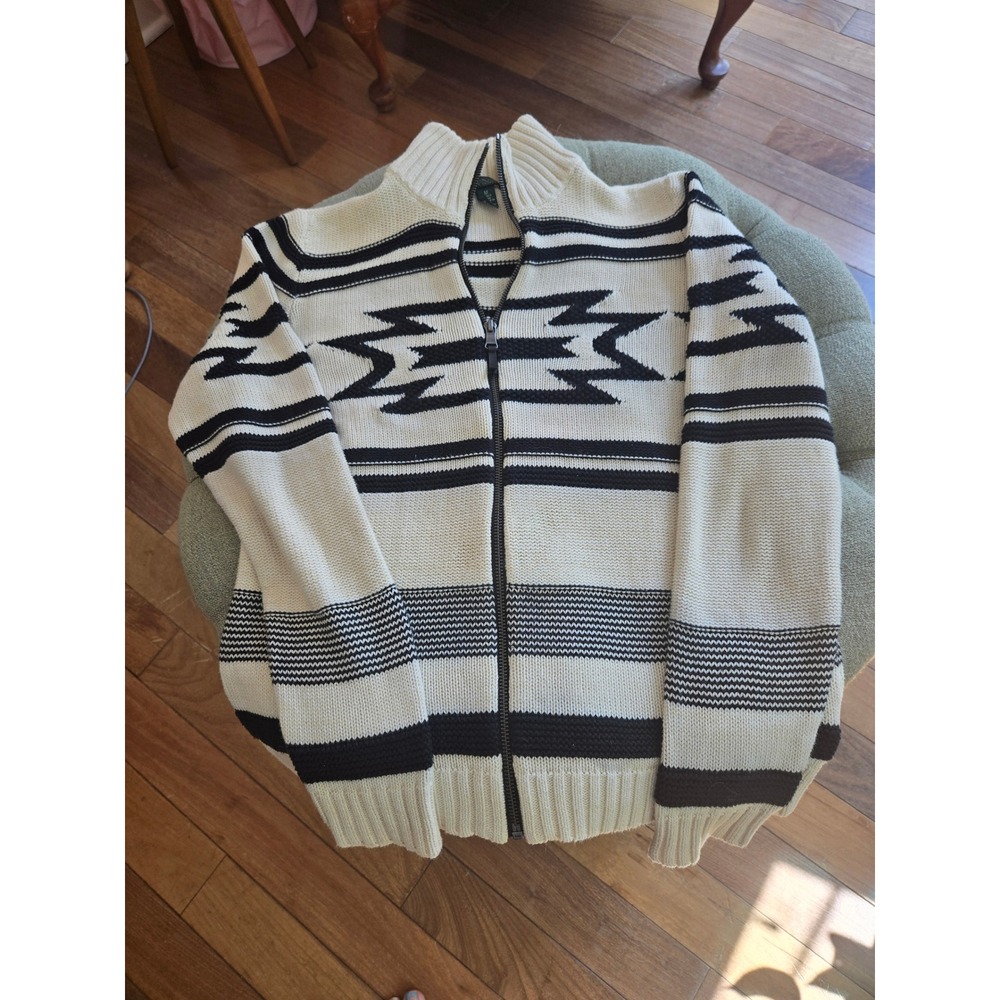 LRL RALPH LAUREN COTTON White Black Full Zip Southwestern Aztec M